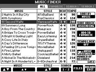 Praktisk Music Finder-funktion 5 Tryck på [8π] (START SEARCH) för att starta sökningen. Search 1-displayen visas med resultatet av sökningen. För att avbryta sökningen, tryck på [8 ] (CANCEL).