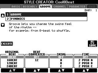 Style Creator Ändra rytmkänslan (GROOVE) Förklaringen nedan avser när GROOVE-fliken valts i steg 4 vid Grundläggande hantering för att editera Style (sid. 124).