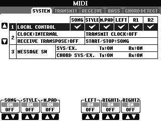 MIDI-inställningar MIDI-systeminställningar SYSTEM-displayen Förklaringarna här avser SYSTEM-displayen som tas fram i steg 4 i Grundläggande hantering på sidan 204.