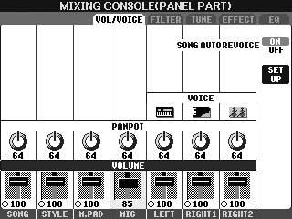 Editera volymen och den tonala balansen (MIXING CONSOLE) Editera volymen och den tonala balansen (MIXING CONSOLE) I Mixing Console får du intuitiv kontroll över olika aspekter av klaviaturstämmorna