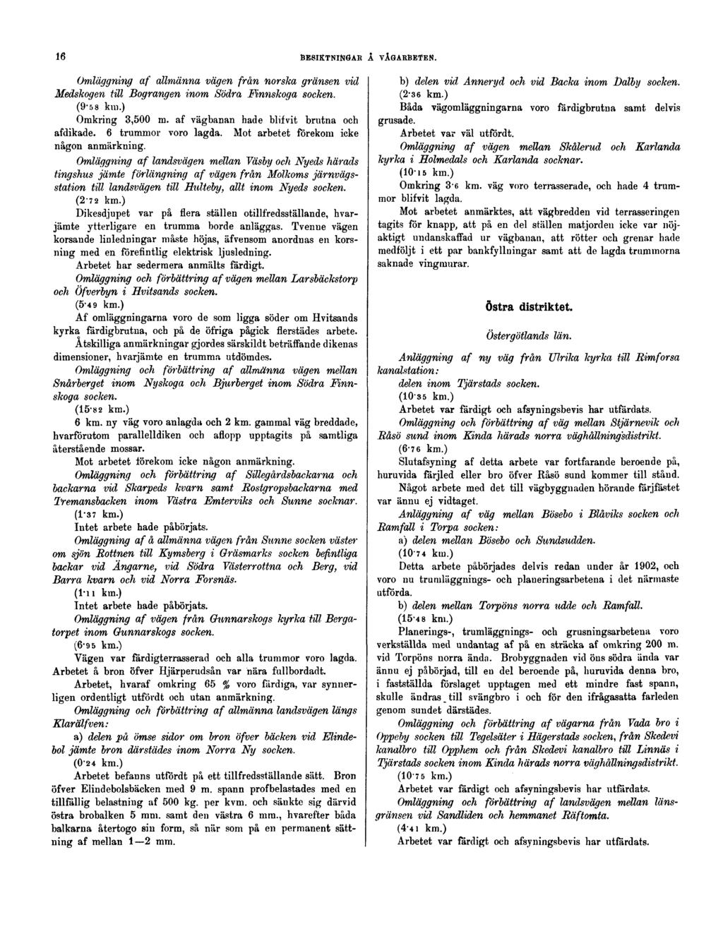 16 BESIKTNINGAR Å VÄGARBETEN. Omläggning af allmänna vägen från norska gränsen vid Medskogen t-ill Bograngen inom Södra Mnnskoga socken. (9-5 8 km.) Omkring 3,500 m.