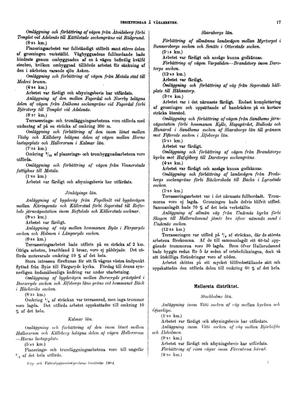 BESIKTNINGAR Å VÄGARBETEN. 17 Omläggning och förbättring af vägen från Åtvidaberg förbi Templet vid Adelsnäs till Kättilstads sockengräns vid Bödgrund. (8-2 5 km.