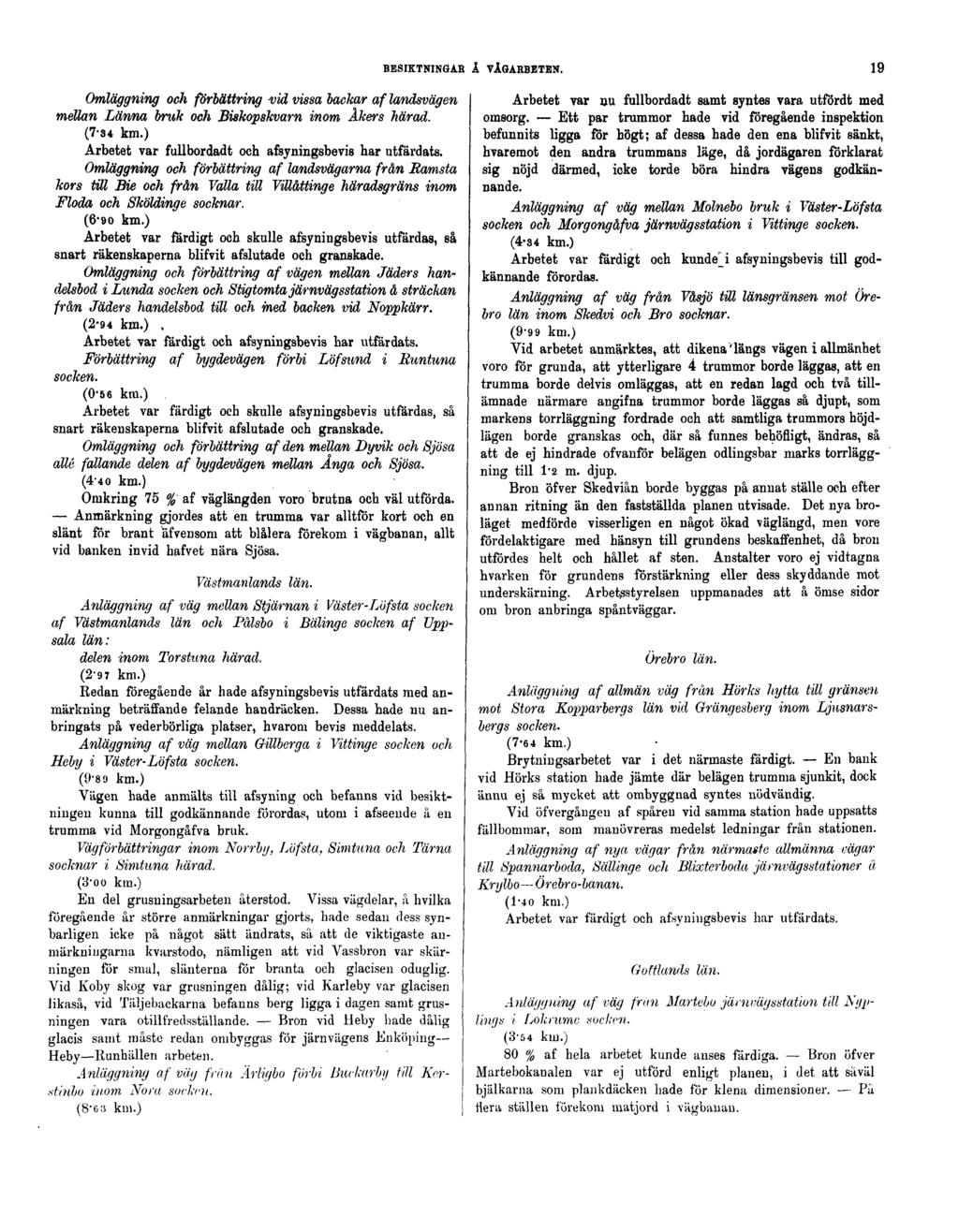BESIKTNINGAR Å VÄGARBETEN. 19 Omläggning och förbättring -vid vissa lackar af landsvägen mellan Länna bruk och Biskopskvarn inom Åkers härad. (7-34 km.