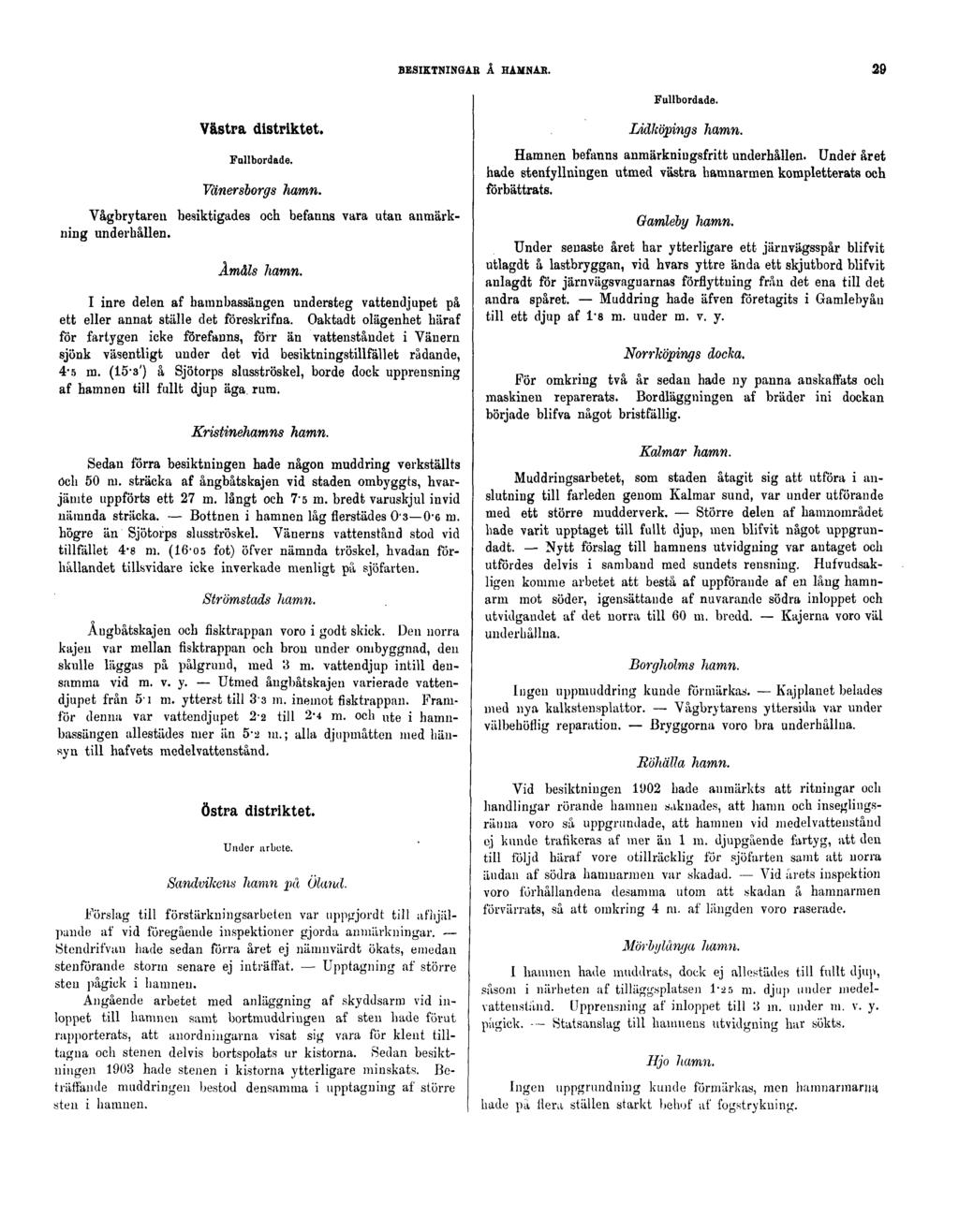 BESIKTNINGAR Å HAMNAR. 29 Fullbordade. Västra distriktet. Fullbordade. Vänersborgs hamn. Vågbrytaren besiktigades och befanns vara utan anmärkning underhållen. Åmåls hamn.