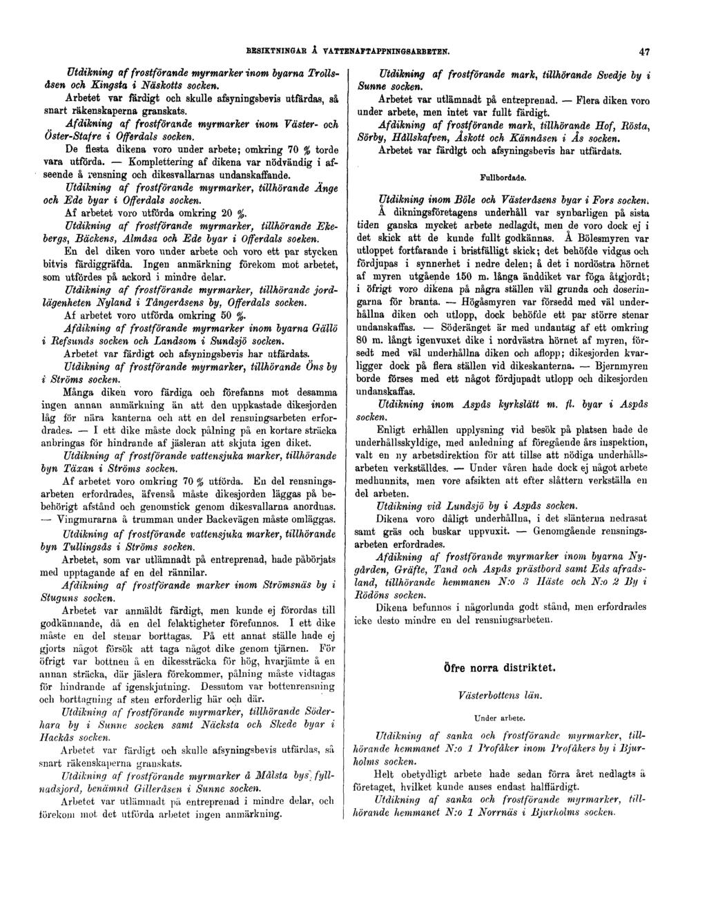 BESIKTNINGAR Å VATTENAFTAPPNINGSARBETEN. 47 Utdikning af frostförande myrmarker inom byarna Trollsåsen och Kingsta i Näskotts socken.