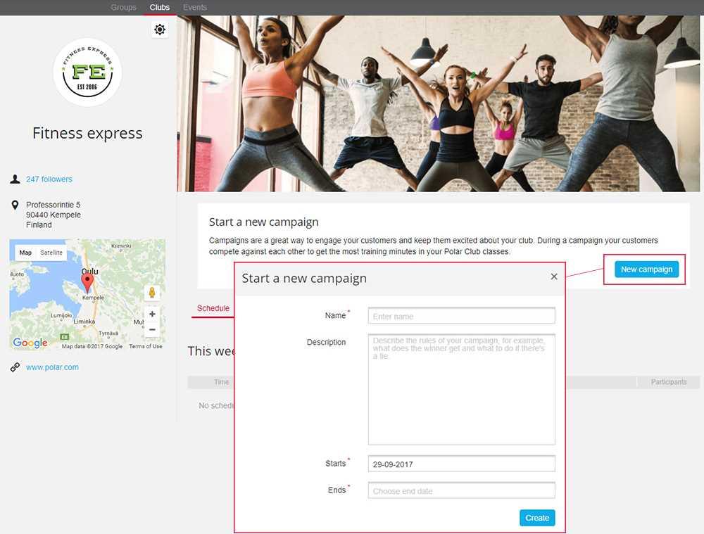 När du har skapat en kampanj visas ett meddelande om den kommande kampanjen på gymmets communitysida.