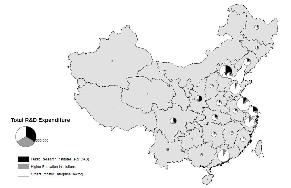 I en annan studie av Fraunhofer från 2010 analyseras FoU-investeringar, vetenskaplig publicering och export för kinesiska provinser 6.