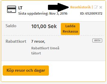 Resehistorik Du kan se resehistorik på ditt busskort när du genomfört ett lyckat köp i webshopen.