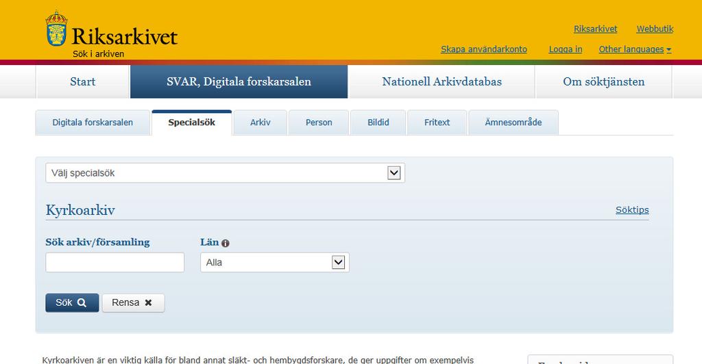 Digitala forskarsalen, flik 2, specialsök, fortsättning När du har