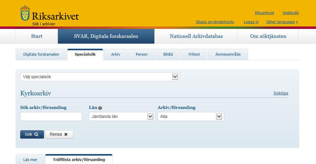 Digitala forskarsalen, flik 2, specialsök, fortsättning När du har gjort ett sök visas