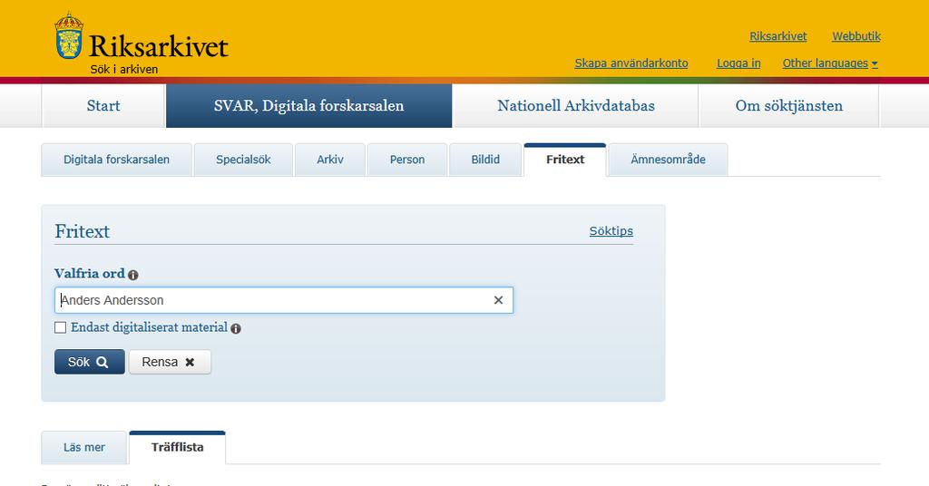 Digitala forskarsalen, flik 3 6, olika sökalternativ Här finns möjlighet att välja olika sökalternativ. När du gjort ett sök öppnas en ny flik som visar dina träffar.