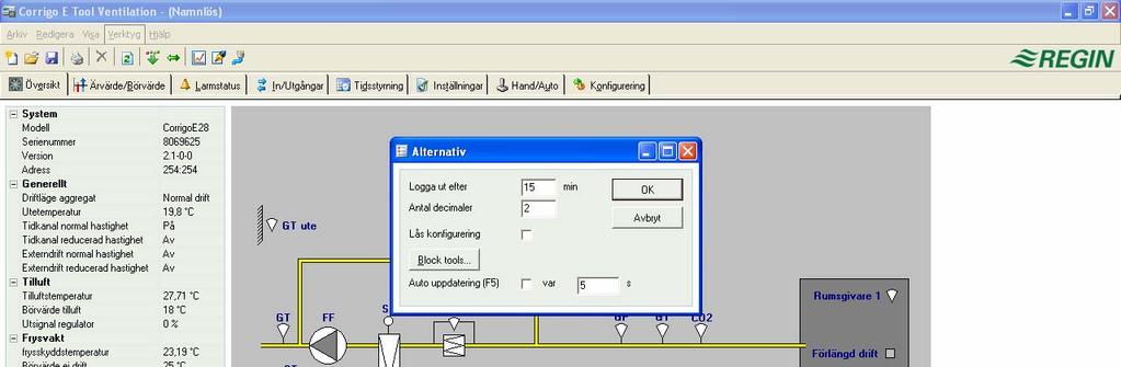 Alternativ Tillåter inställning av ett antal programparametrar.