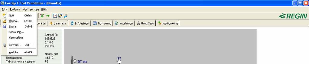 Menyfältet har fem rullgardinsmenyer: 6. Menyfält 6.1 Arkiv Används för att handha konfigureringsfiler. Den datamängd som beskriver en gjord konfigurering kan sparas som en datafil.