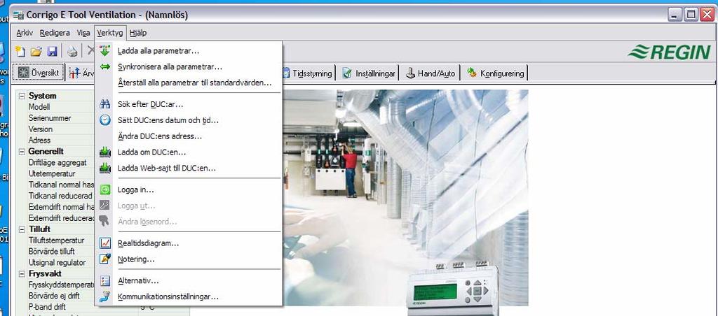 Uppdatera initierar en avläsning av samtliga dynamiska parametrar från den anslutna regulatorn. Skärmbilden uppdateras med de nya värdena.