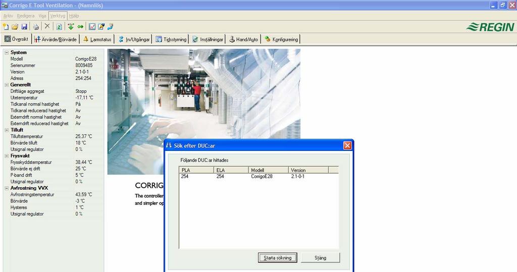 Sök efter DUC:ar Om Corrigo E tool vid uppstart misslyckas med att etablera kontakt med en ansluten regulator beror detta oftast på felaktiga adressinställningar.