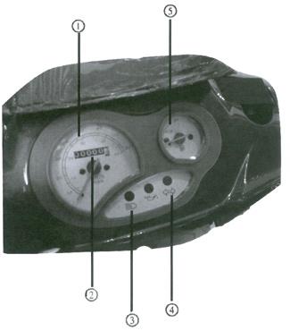 Instrumentpanel 1. Hastighetsmätare (km/h) 2. Distansmätare (mil) 3. Ljusindikator 4. Blinkers 5. Bränslemätare (När meternålen är på rött återstår endast ca 1,2 l och tankning nödvändig (98 ) OBS!