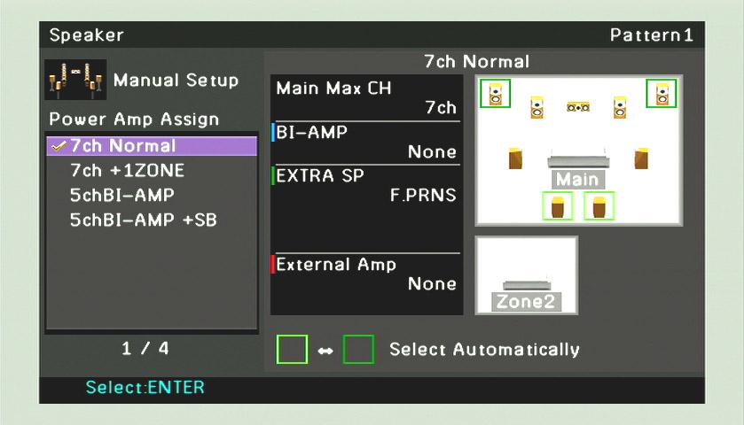 Power Amp Assign Utöver 7.-kanals högtalaranslutningen, är diverse högtalarkonfigurationer möjliga genom att använda anslutning av närvarohögtalare, bi-ampanslutning eller flerzonsfunktionen ( s.