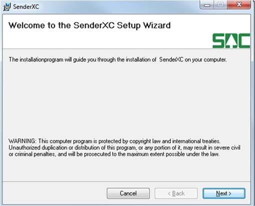 Hämta Sender XC från SDCs Violweb eller www.sdc.se, se kap. 2.1 Snabbguide för Sender XC. Det finns två sätt att installera Sender XC: 1. Välj Kör för att starta installationen. OBS!