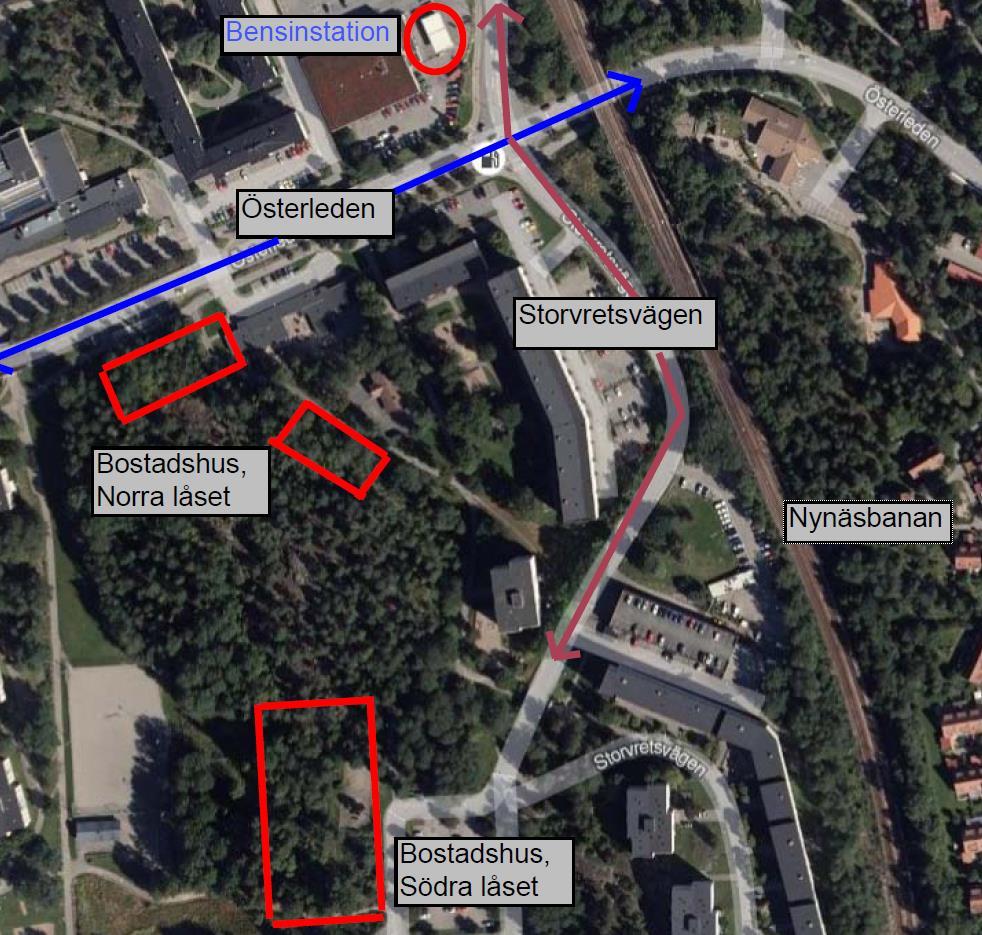 6 (3) Figur 2: Överblick över område samt vägar för transport av bensin/diesel till och från bensinstationen.