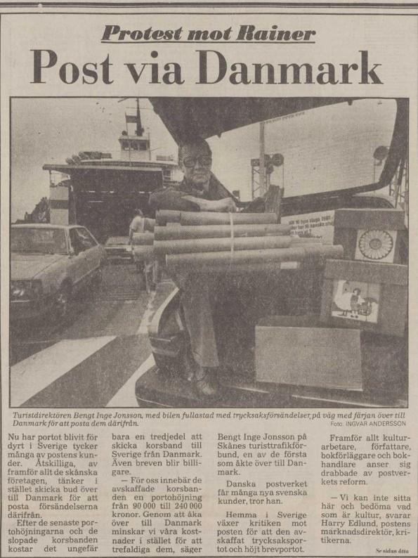 Ur Arkivet När portoreformen 1981 gick igenom blev Danmark ett prisvärt alternativ för kunderna Även Postverket uttalade sig i pressen kring förändringen och marknadsdirektören Harry Edlund