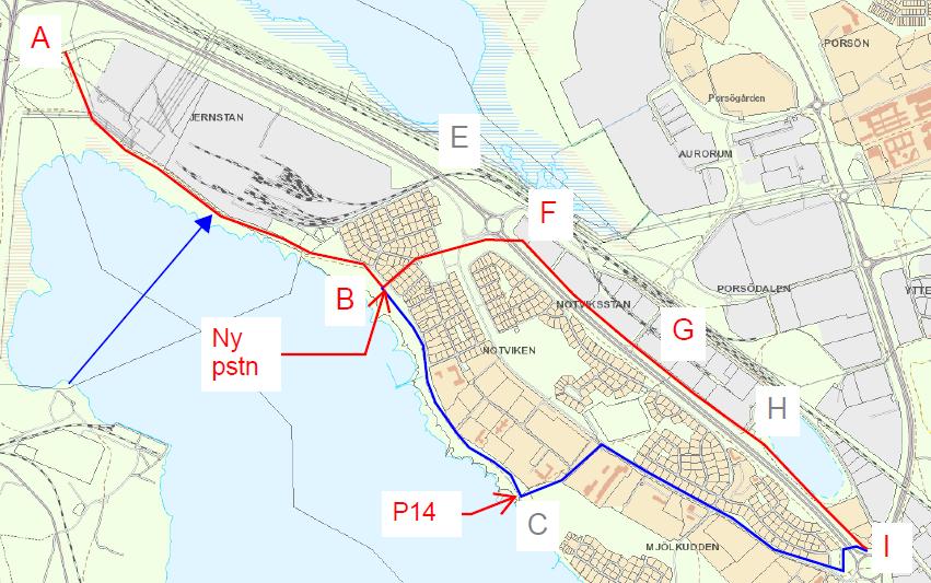 Grundvattenytan bedöms ligga minst 2-3 m under markytan på sträckans första ca 440 m och i nivå med vattenståndet i Mjölkuddstjärnen på resterande del av sträckan fram till punkt I. 4.2.4.2 Geotekniska åtgärder På första ca 440 m av sträckan bedöms inga geotekniska förstärkningsåtgärder erfordras.