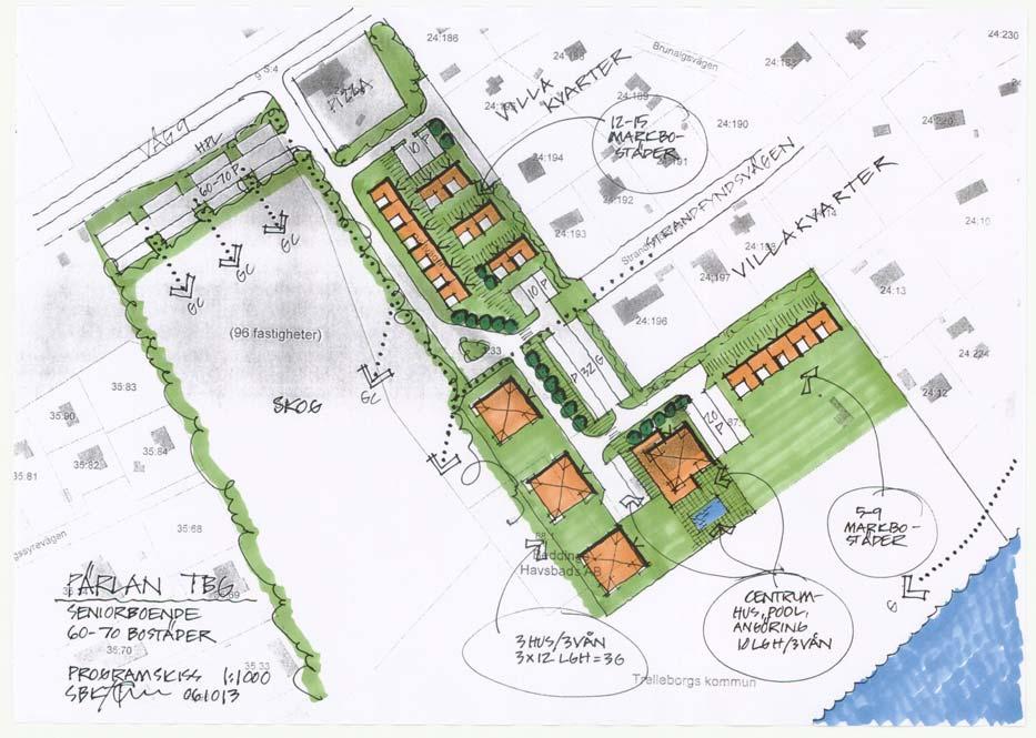 Programskiss Bebyggelsestrukturen i programskissen syftar till att - Ansluta till den omgivande småhusbebyggelsen genom placeringen av markbostäderna.
