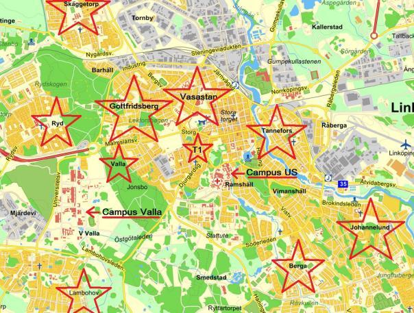 Bostadsområden i Linköping -Berga: Område där många HU-studenter bor. Här ligger Coop Extra! -Campus Valla: Här pluggar icke US -folk och här kommer Nollan vara en del under sitt första år.