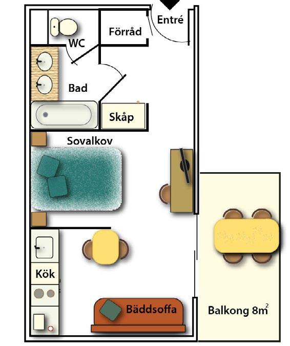 Kök med matplats och utgång till balkong. Sovalkov med våningssäng till höger och badrum rakt fram.