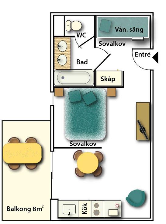 Lägenheterna Studio - ca 30 m 2 med balkong på cirka 8 m 2 Köksdel med spis, kylskåp, diskmaskin och micro.