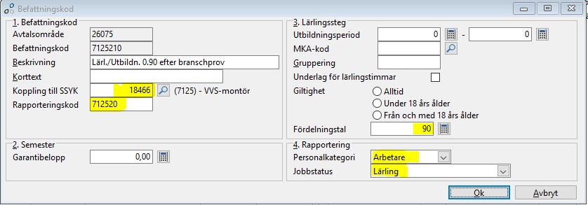 befattningskoden. I Skapa/ändra avtal och befattningskoder: 1. Klicka Skapa ny 2. Fyll i enligt nedan bild 3. Klicka Ok 4.