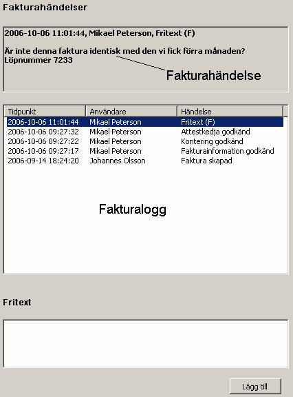 Lägg till Knapp för att lägga till en fritext i fakturaloggen. Figur 12. Fakturaloggen där den aktuella fakturan har fem st händelser varav en är av typen fritext.