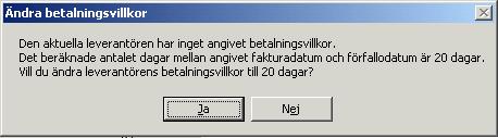 5. Efter att du lämnat fältet förfallodatum beräknas det antalet dagar som är mellan inmatat fakturadatum och förfallodatum. Resultatet jämförs sedan med leverantörens betalningsvillkor.