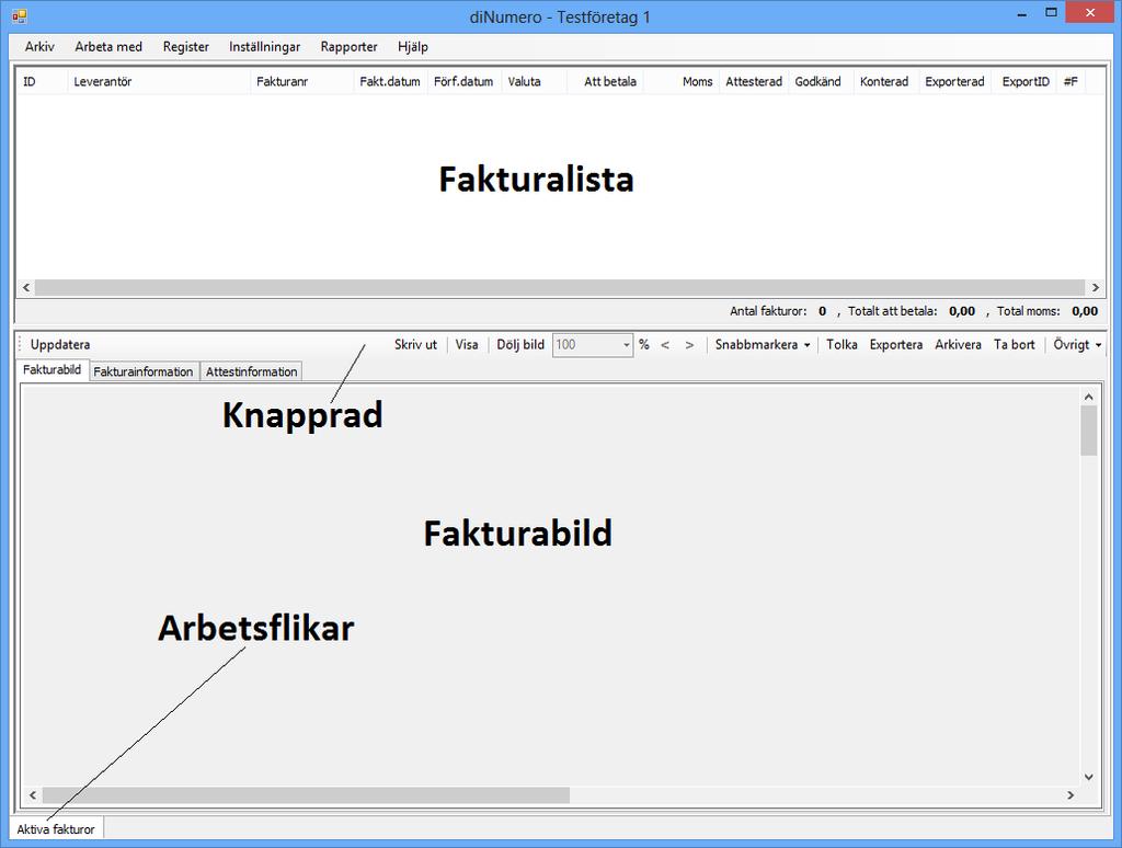 2. Programuppbyggnad Huvudvyerna i Dinumero Klient är de olika arbetsflikarna som finns.