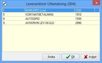 Lägg till de betalningssätt som finns upplagda i Garp. Registret kan nås genom att tryck på " " bredvid "Bet. sätt" på en befintlig leverantörsfaktura.