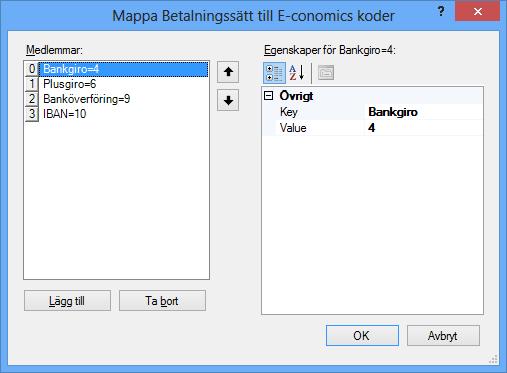 Standardinställningen för BetalningsSättMappning listas nedan och behöver oftast inte förändras: Bankgiro 4 Plusgiro 6 Banköverföring 9 IBAN 10 ExportId / Löpnummer I integrationen till Economic