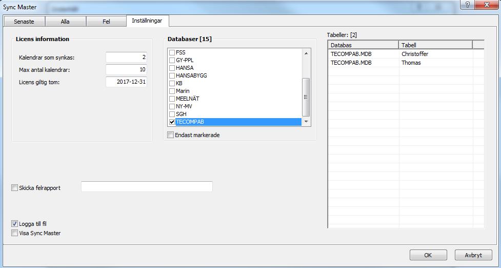 18. Sync Master Inställningar Under fliken inställningar väljer man vilken eller vilka databasen som skall vara med i synken.