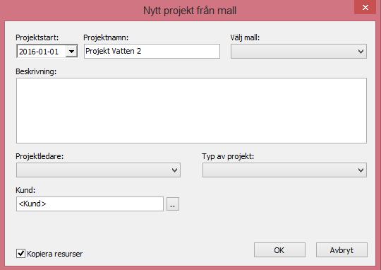 visas Börja med att välja en befintlig mall från dropdown listan. Namnge det nya projektet.