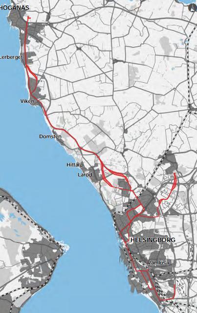 5.3 Projektet sammanfattat Figur 5-1: Den föreslagna spårvägen (Lilja & Nilemark 2013) Tidigare har kommunerna Helsingborg och Höganäs inlett ett antal studier och drivit frågan om ett bättre