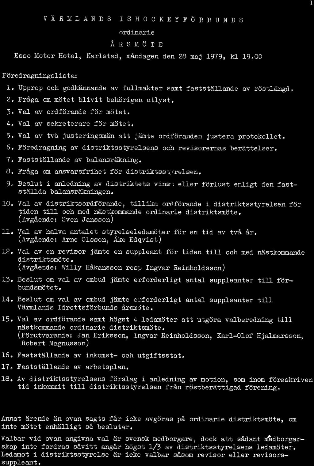 I \ A Rivir, ÀND s r s H o c KEyF C n und s or.di-:eri-e ÅnsL{öTE Esso Motor Hotel, I(rlstd, måndgen den 8 ni 1979t kl I9"OO Föred.rgningslist: i-' Upprop och godkätrnnde v frrll-nkter.