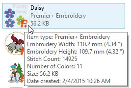 6 Håll muspekaren över Daisy-ikonen. En beskrivning visas. Beskrivningen innehåller det mesta av informationen om broderiet som visas i förhandsgranskningsfönstret.