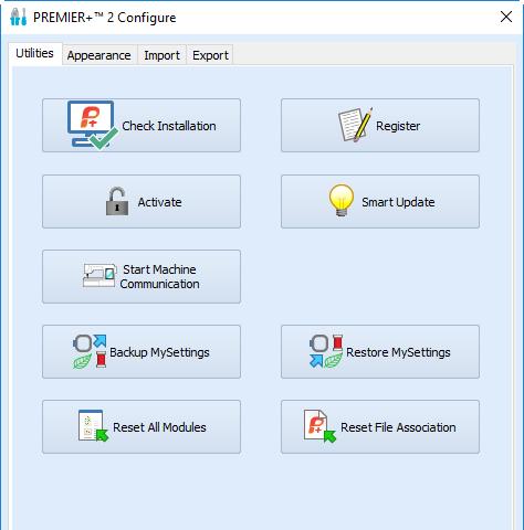 PREMIER+ 2 Configure 4 Använd flikarna i PREMIER+ 2 Configure för att ändra inställningarna för visning av brodérfiler, ansluta till vissa brodérmaskiner och registrera programvaran.