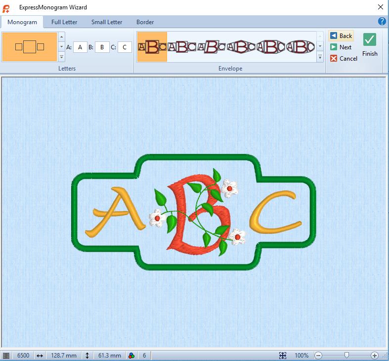 ExpressMonogram Wizard 12 Använd ExpressMonogram Wizard för att skapa monogram av upp till tre bokstäver. Välj typsnitt, trådfärg, form och storlek. Lägg till en bård runt monogrammet.