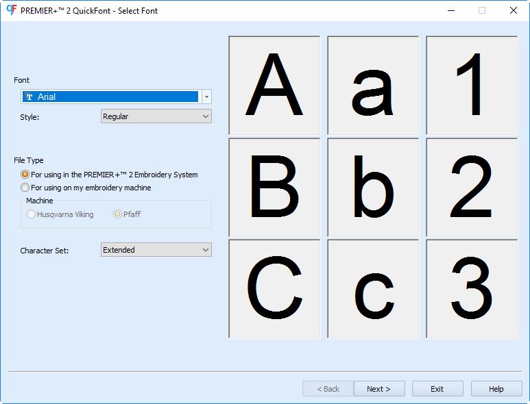 Skapa typsnitt automatiskt 14 Med PREMIER+ 2 QuickFont kan du automatiskt skapa typsnitt för användning i PREMIER+ 2 Embroidery System eller på din brodérmaskin.