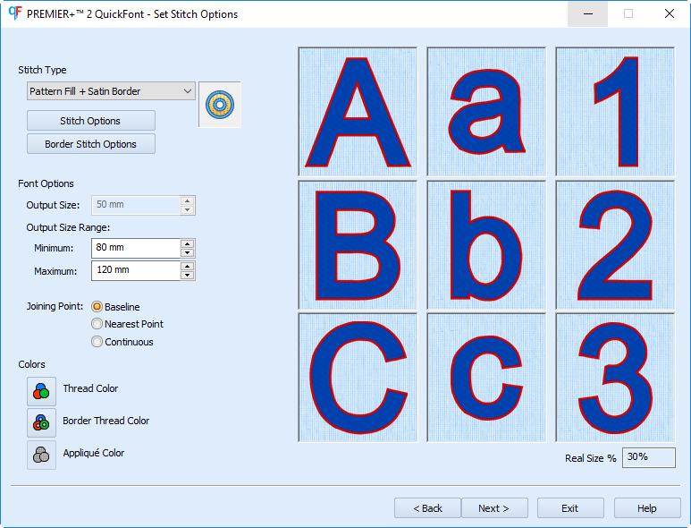 De ursprungliga inställningarna i PREMIER+ 2 QuickFont finns kvar från senaste gången programmet användes. 2 Klicka på nedåtpilen för Font (typsnitt) och välj önskat typsnitt i listan.