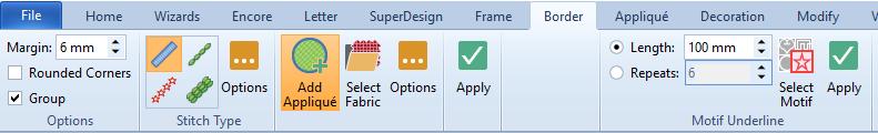 Bårder och motiv På fliken Border kan du skapa en bård som placeras runt ditt broderi eller din grupp, text eller SuperDesign. Du kan även skapa linjer som består av motiv.