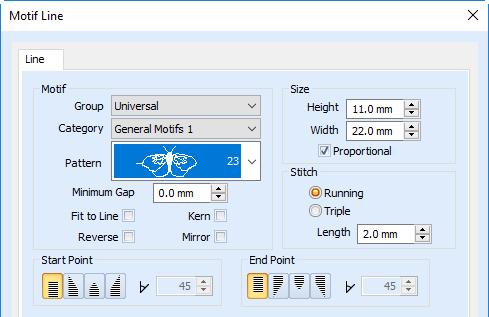 Ställ in antalet repetitioner för motivet Ställ in motivlinjens längd Välj ett motiv Skapa motivlinjen Motivets grupp, kategori och uppsättning visas i sektionen Motif Underline (motivunderstrykning)