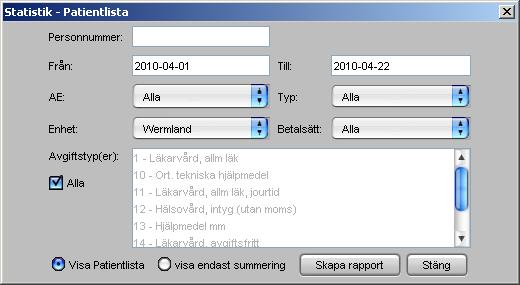 Utöver kvittojournalen så finns det mer lättillgängliga statistik ock listor i menyvalet <Statistik> och därefter valet <Patientlista>.