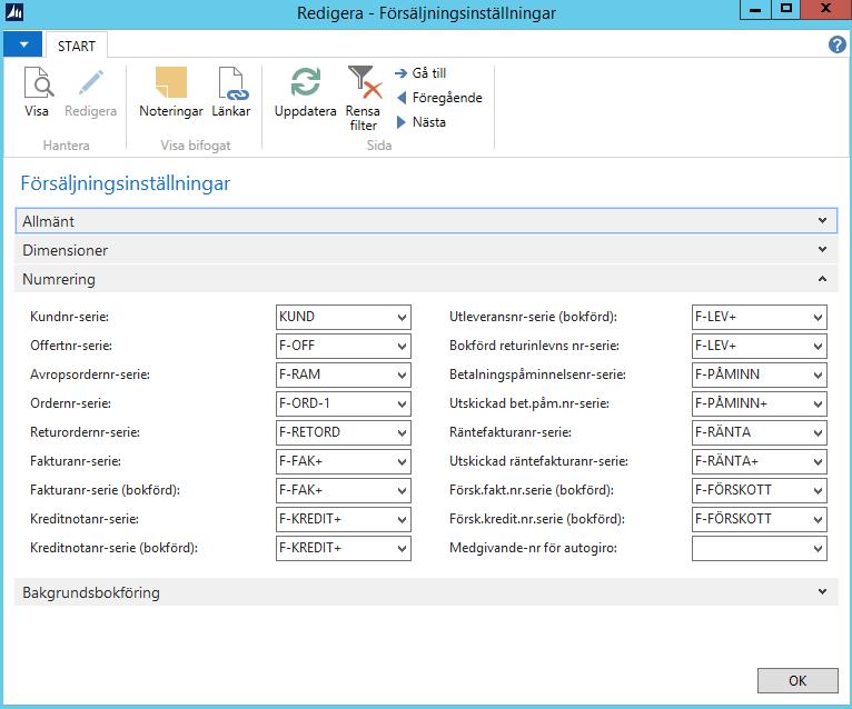 Nummerserierna skall upprättas under Avdelningar - Försäljning och marknadsföring - Försäljningsinställningar, fliken numrering.