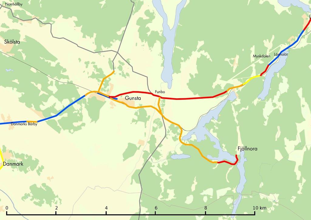 Sträckan Almunge-Knutby har lägre underlag och mindre biltrafik, och får prio 2-3 i vårt förslag.