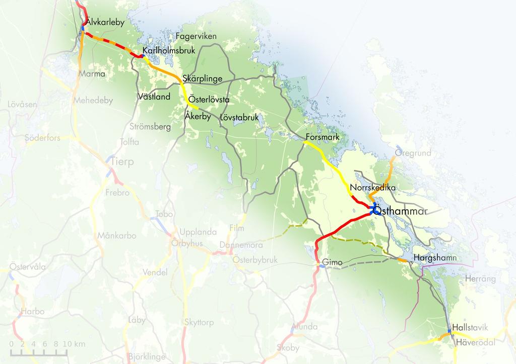 Kustlinjen Älvkarleby-Hallstavik Prio 1-2 kring Karlholmsbruk Prio 1 Östhammar-Norrskedika Översikt Kustlinjen De nationella cykelrutterna Kustlinjen och Cykelspåret går genom länet längs stråket